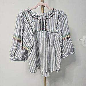 Hayden Blue and White Striped Embroidered Peasant Top
